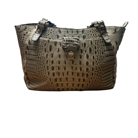 Brahmin Gray Beige Crocodile Embossed Leather Shoulder Bag Satchel Tote - Picture 1 of 6
